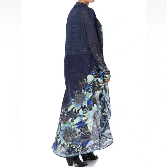 CAMILLA *Natures Nectar* blue floral silk boho long casual jacket w pockets S/M